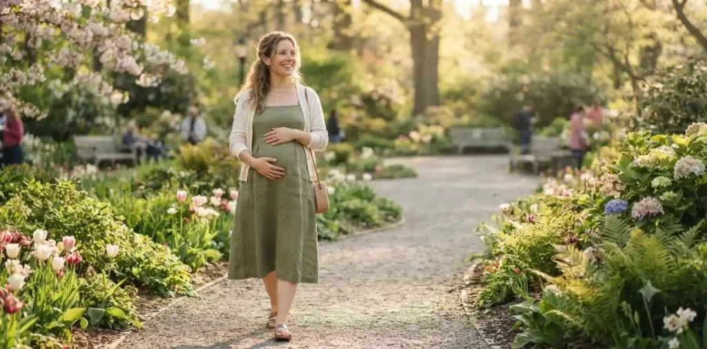 Expecting mother enjoying a peaceful morning outdoors