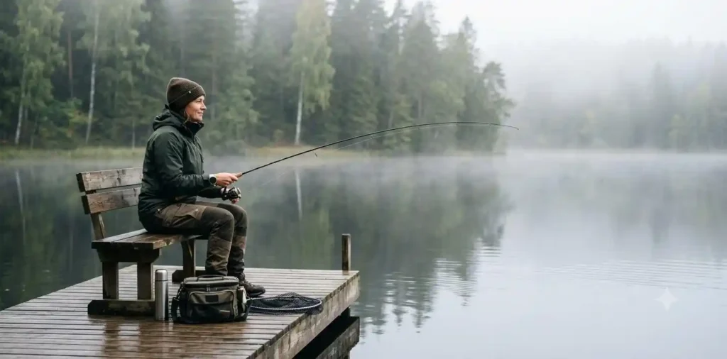 Person fishing beside a peaceful forest lake