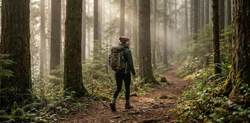 Hiker walking through a peaceful green forest trail