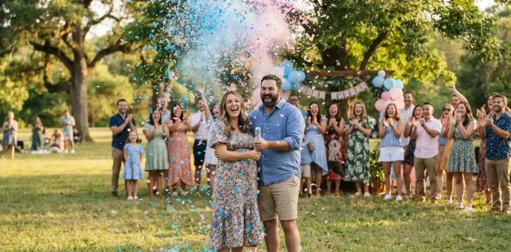 Couple celebrating a colorful gender reveal outdoors