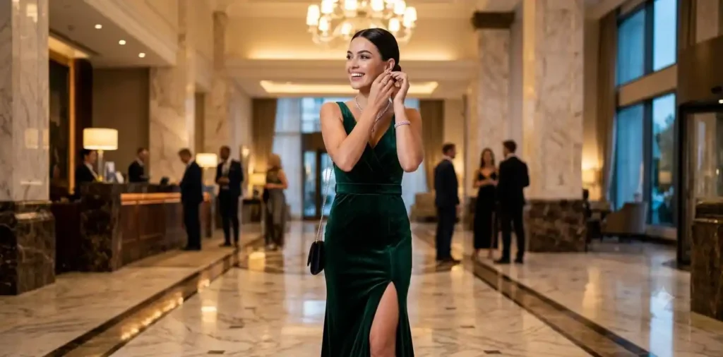 Elegant woman posing in a luxury hotel lobby