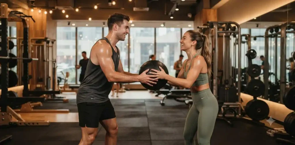 Couple encouraging each other during gym workout