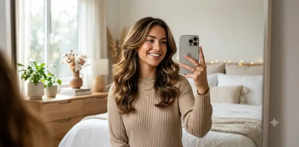 Woman taking mirror selfie with shiny hair