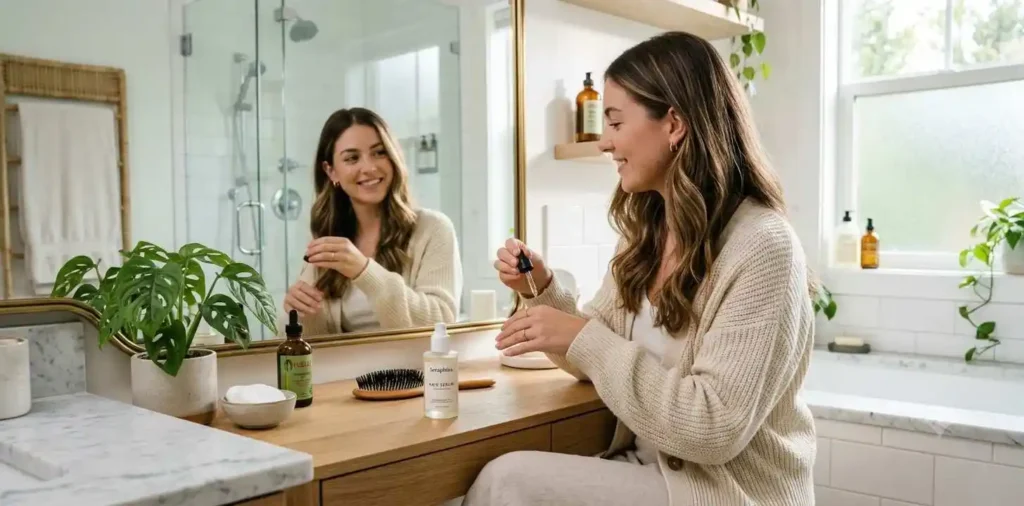 Woman applying nourishing hair serum at vanity