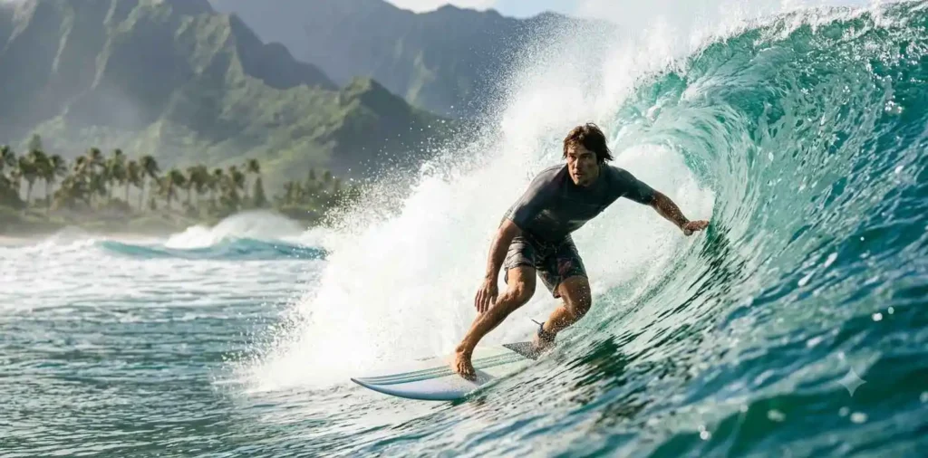 Surfer riding Hawaiian ocean waves