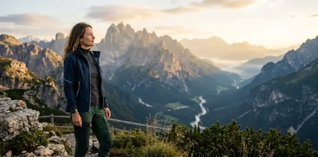 Woman enjoying peaceful mountain landscape