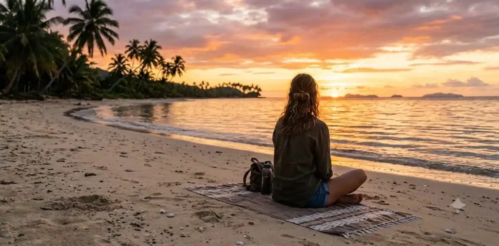 Traveler watching sunset over tropical ocean