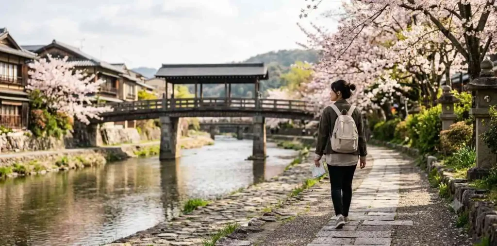 Traveler walking beside a peaceful Japanese street