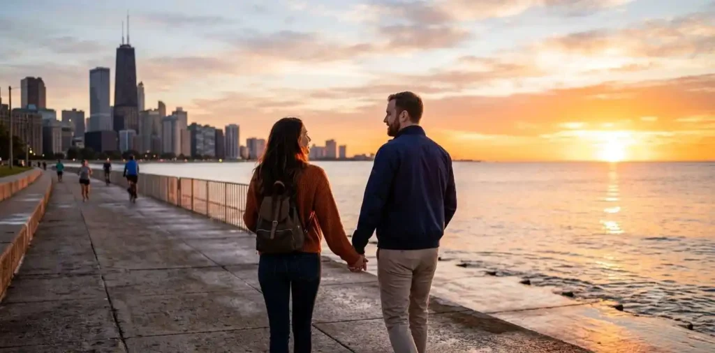 Couple watching sunrise by the lake