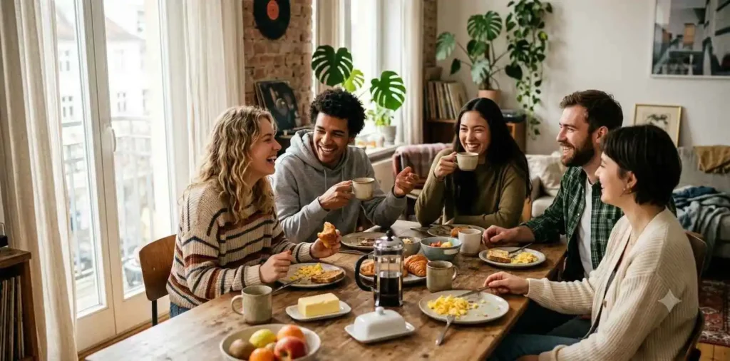 Friends enjoying relaxed morning at home