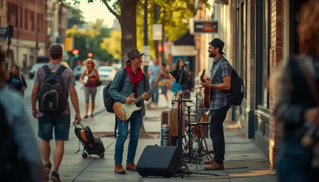 Traveler listening to street musician