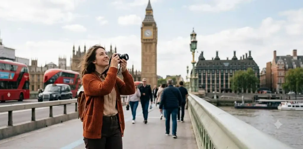 Traveler near London landmark