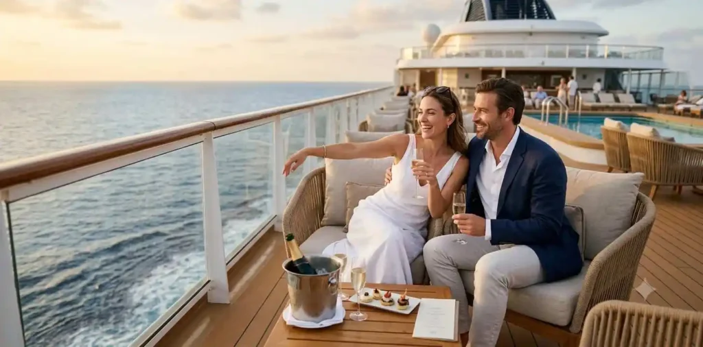 Couple relaxing on luxury cruise deck