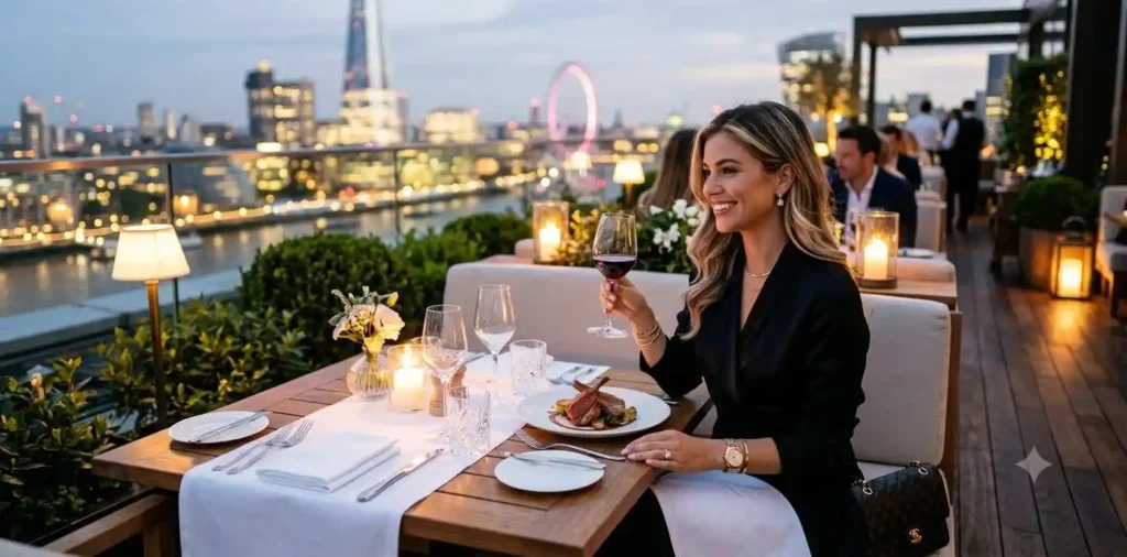 Elegant woman enjoying a luxury rooftop dinner