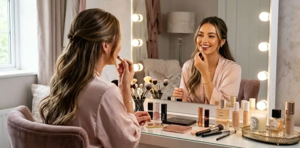 Woman applying lipstick in front of a vanity mirror