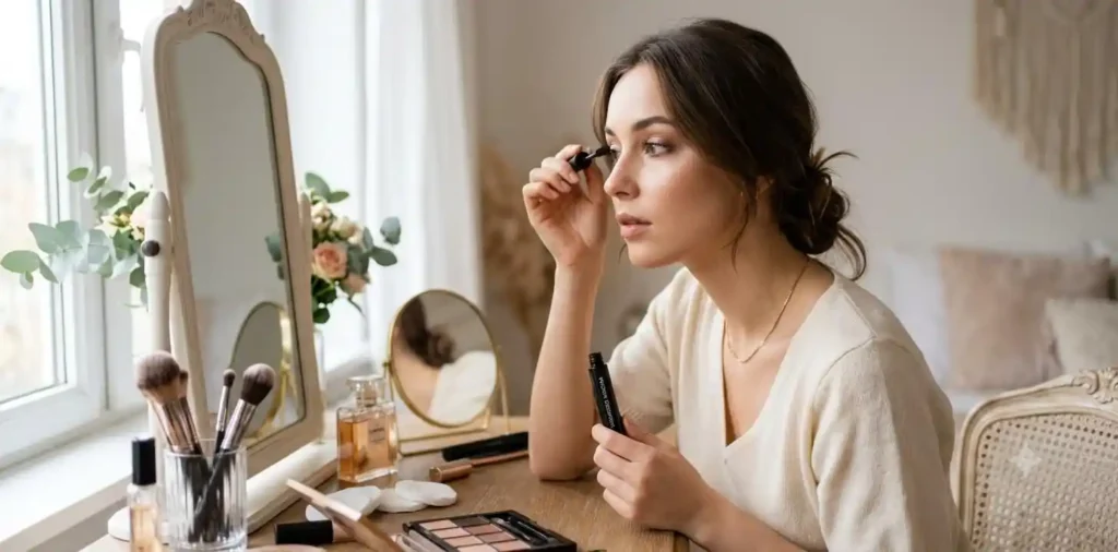 Woman applying mascara before a mirror