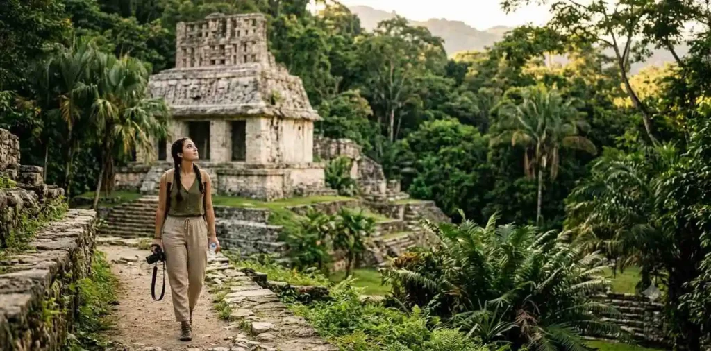Traveler visiting ancient Mayan ruins