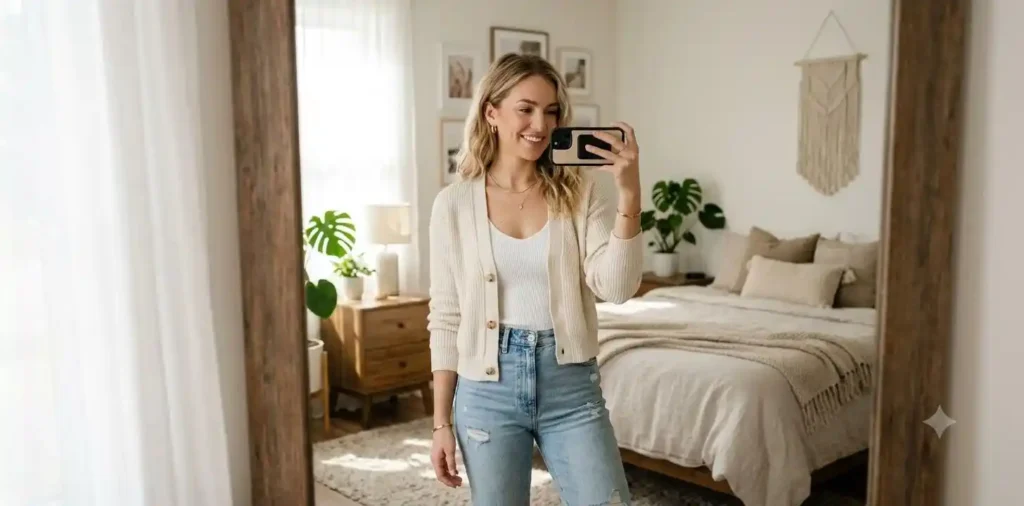 Woman taking a mirror selfie in a stylish bedroom