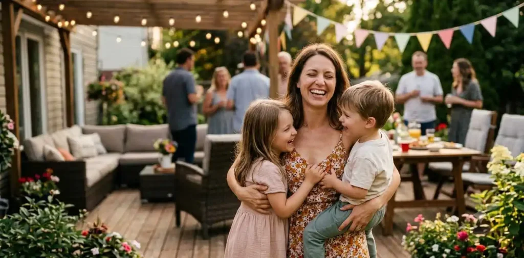 Mother and children celebrating together outdoors
