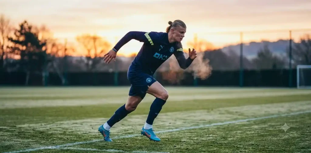 Football player training before sunrise