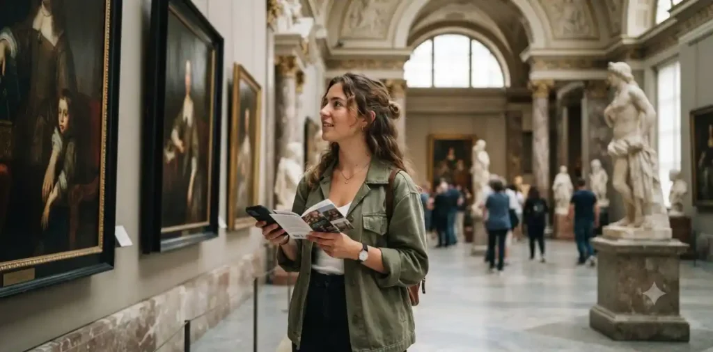 Visitor exploring museum artwork gallery