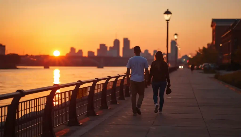 Couple strolling by river at sunset
