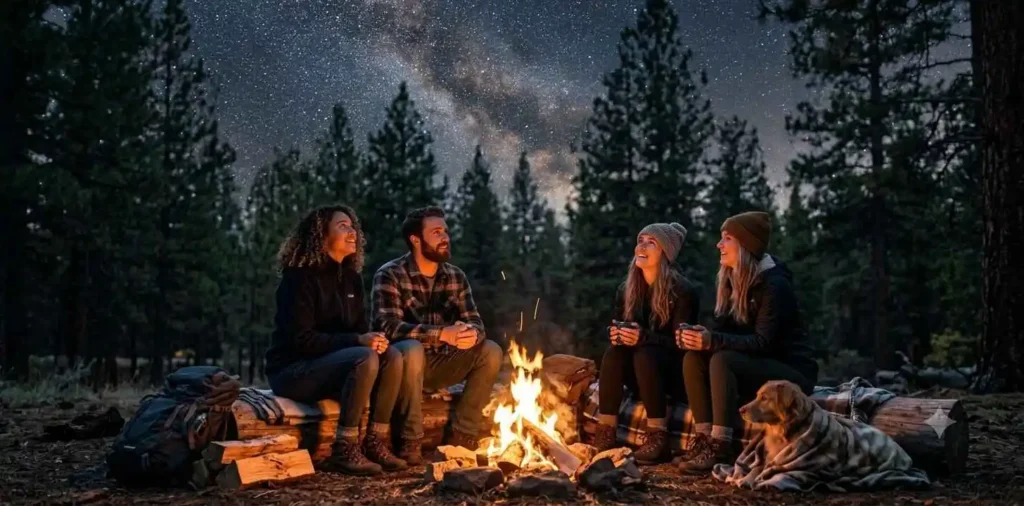 Friends camping under starry night sky
