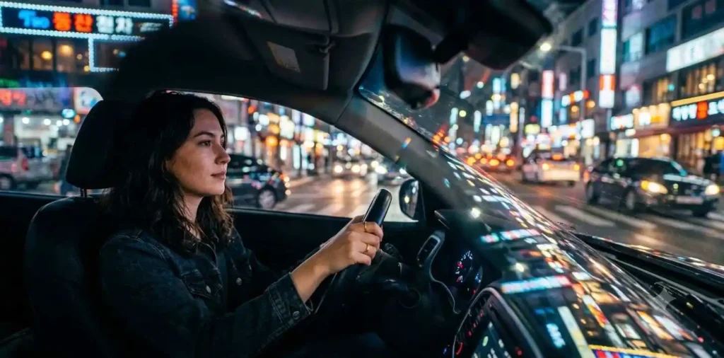 Person driving through city streets at night