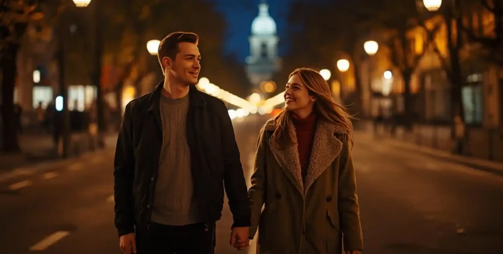 Couple walking through illuminated city street