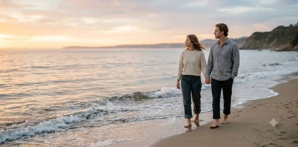 Young Couple relaxing beside peaceful ocean waves