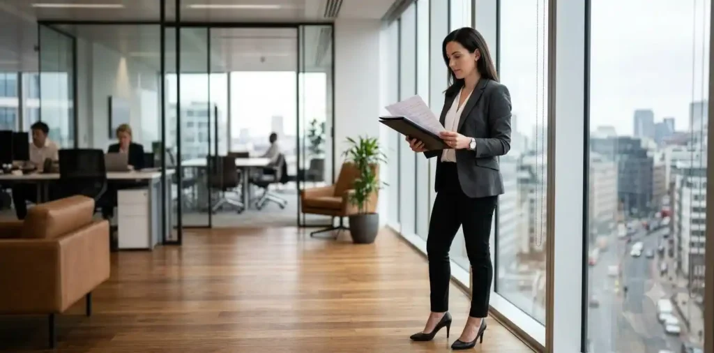 Professional woman wearing a modern office outfit