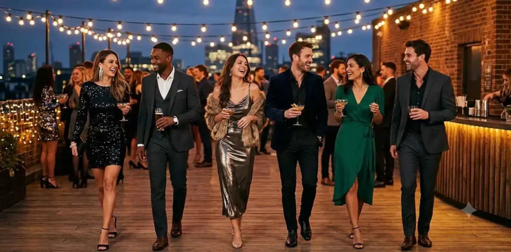 Friends celebrating in stylish evening party outfits