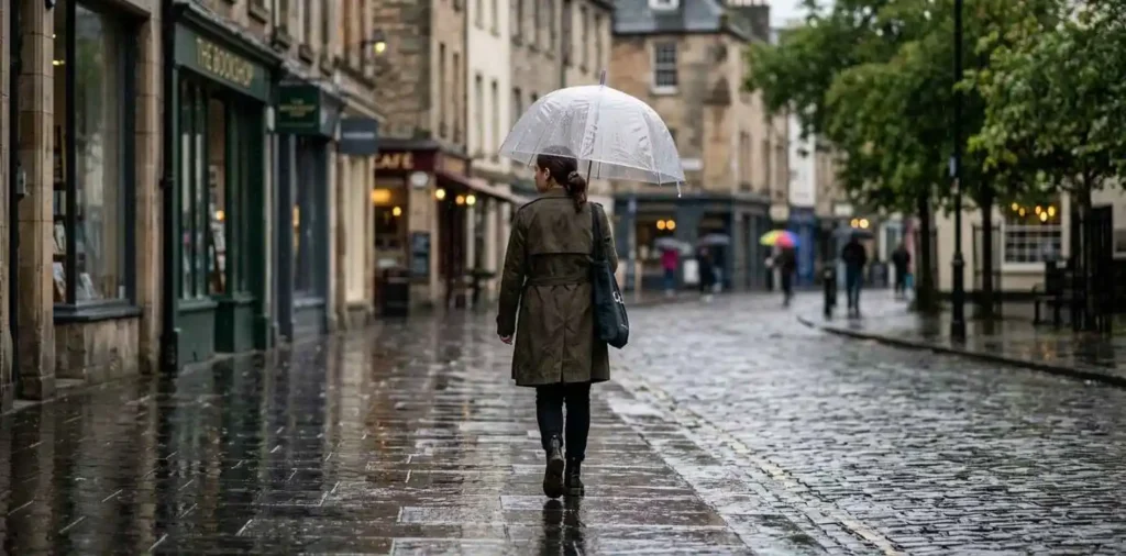 Person walking with umbrella on rainy street