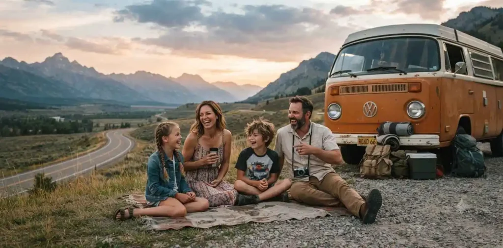 family enjoying scenic road trip stop