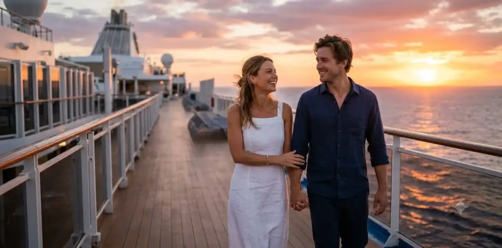 Couple enjoying cruise sunset together