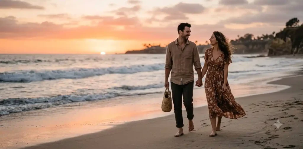 Couple holding hands during sunset walk