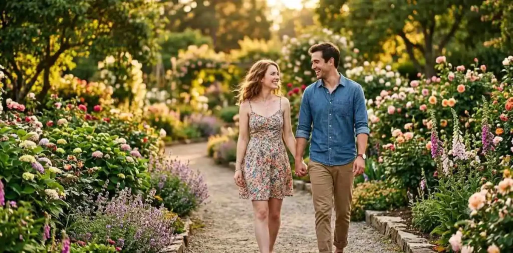 Couple walking hand in hand through a blooming park