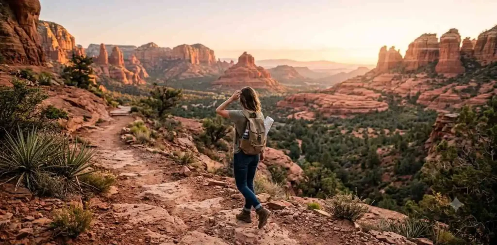 Travelers exploring Sedona red rocks