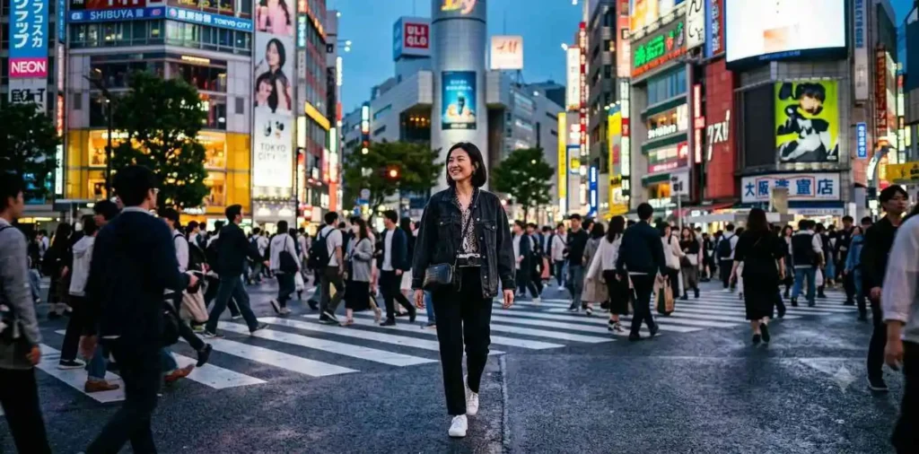Traveler crossing busy Shibuya intersection