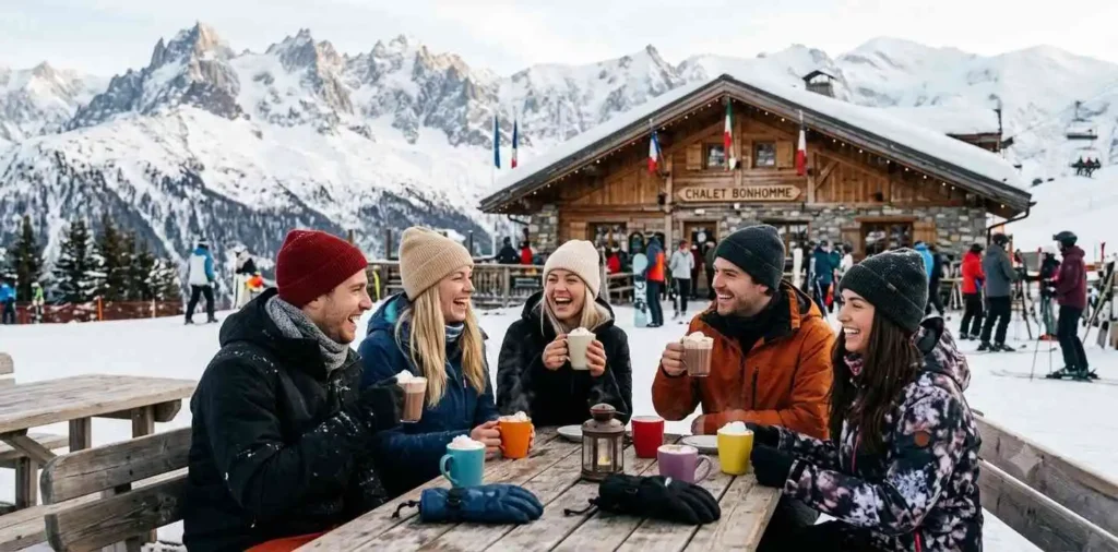 Friends relaxing outside mountain lodge