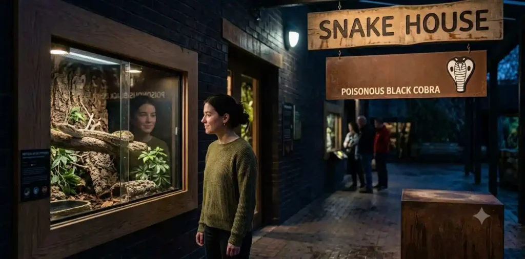 Visitor observing snake inside reptile exhibit