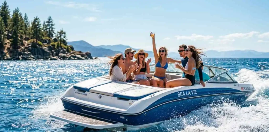 Friends enjoying summer boat adventure