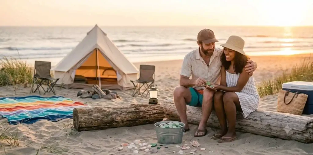 couple hiking from summer campsite