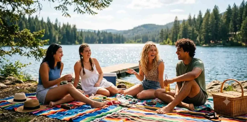 Friends relaxing beside a sunny summer lake