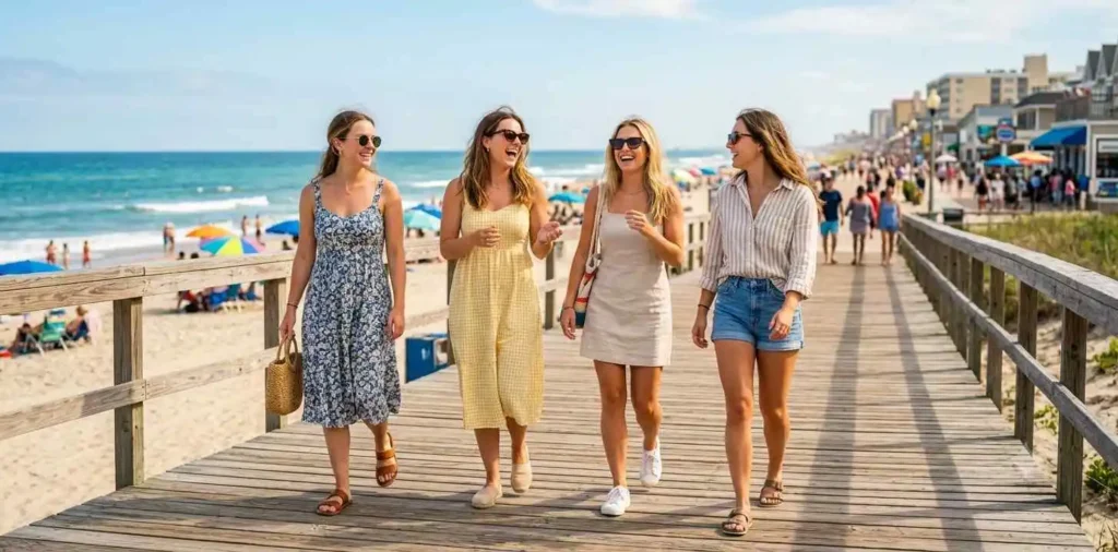 Friends enjoying sunny beach outfits together