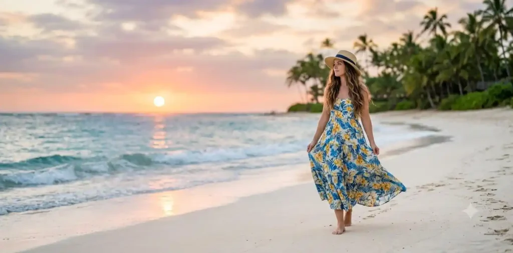 Woman enjoying tropical beach sunset