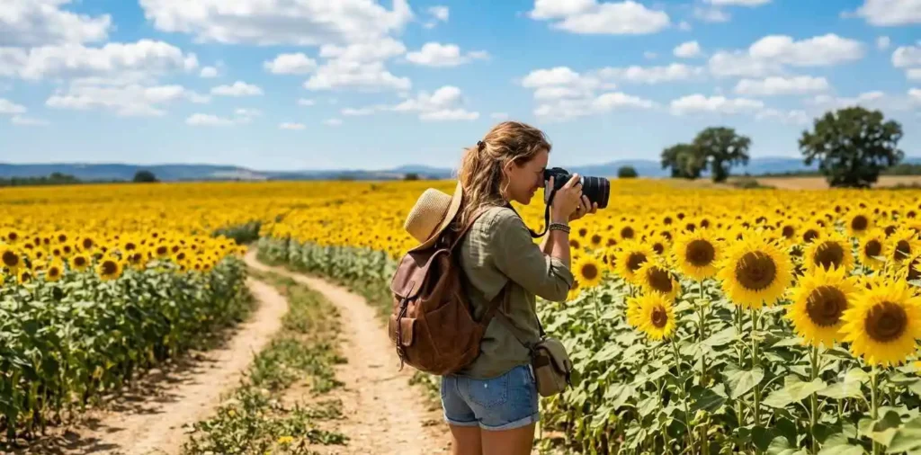 Traveler photographing sunflowers during summer
