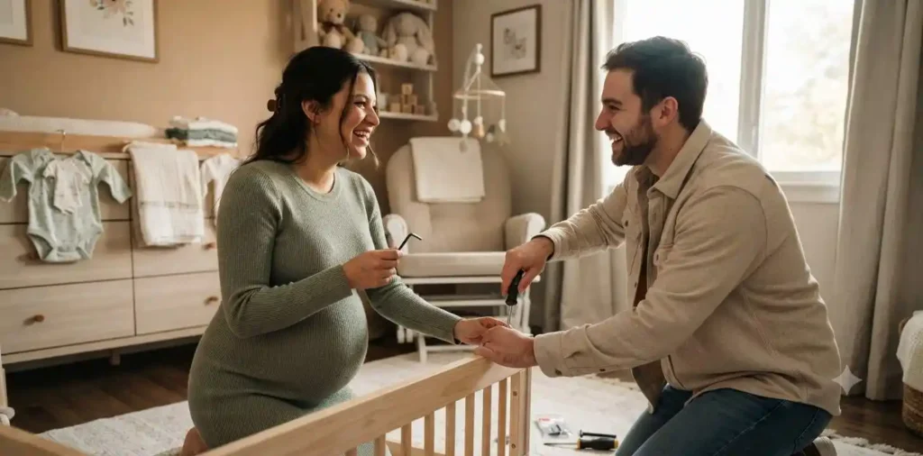 Expecting parents sharing a quiet embrace at home