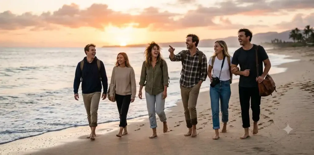 Friends exploring beach at sunrise