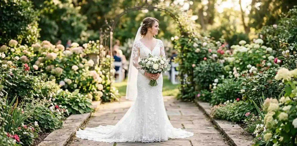 Bride wearing elegant white wedding outfit